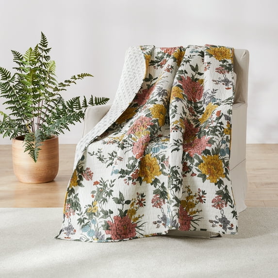 Levtex - Briar - Quilted Throw - 50x60in. - Floral - Coral, Yellow, Green, Blue, and White - Reversible Pattern - Cotton Fabric