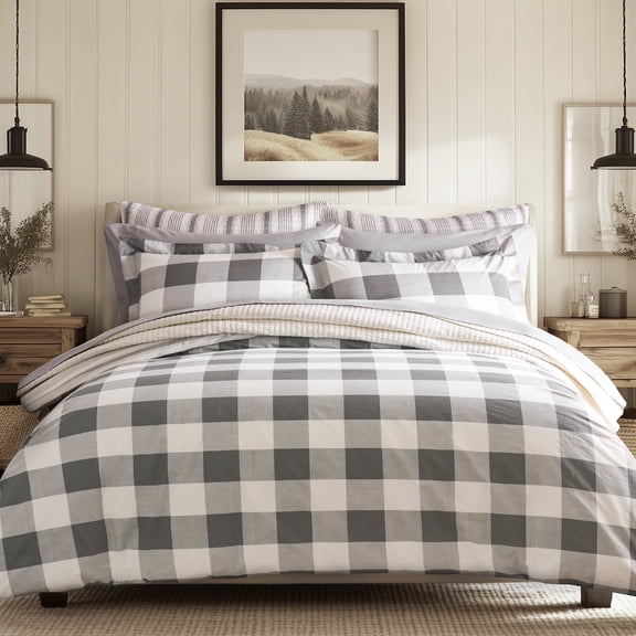 Levtex Home - Camden Duvet Cover Set - Full/Queen Duvet Cover + Two Standard Pillowcases - Buffalo Check in Grey and Cream - Duvet Cover Size (90 x 94 in.) and Pillowcase Size (36 x 20 in. )