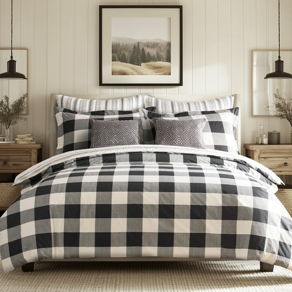 Levtex - Camden Duvet Cover Set - King Duvet Cover (106 x 94 in.)   Two Standard Pillowcases (26 x 20 in.) - Buffalo Check in Black and Cream - Reversible Pattern - Cotton