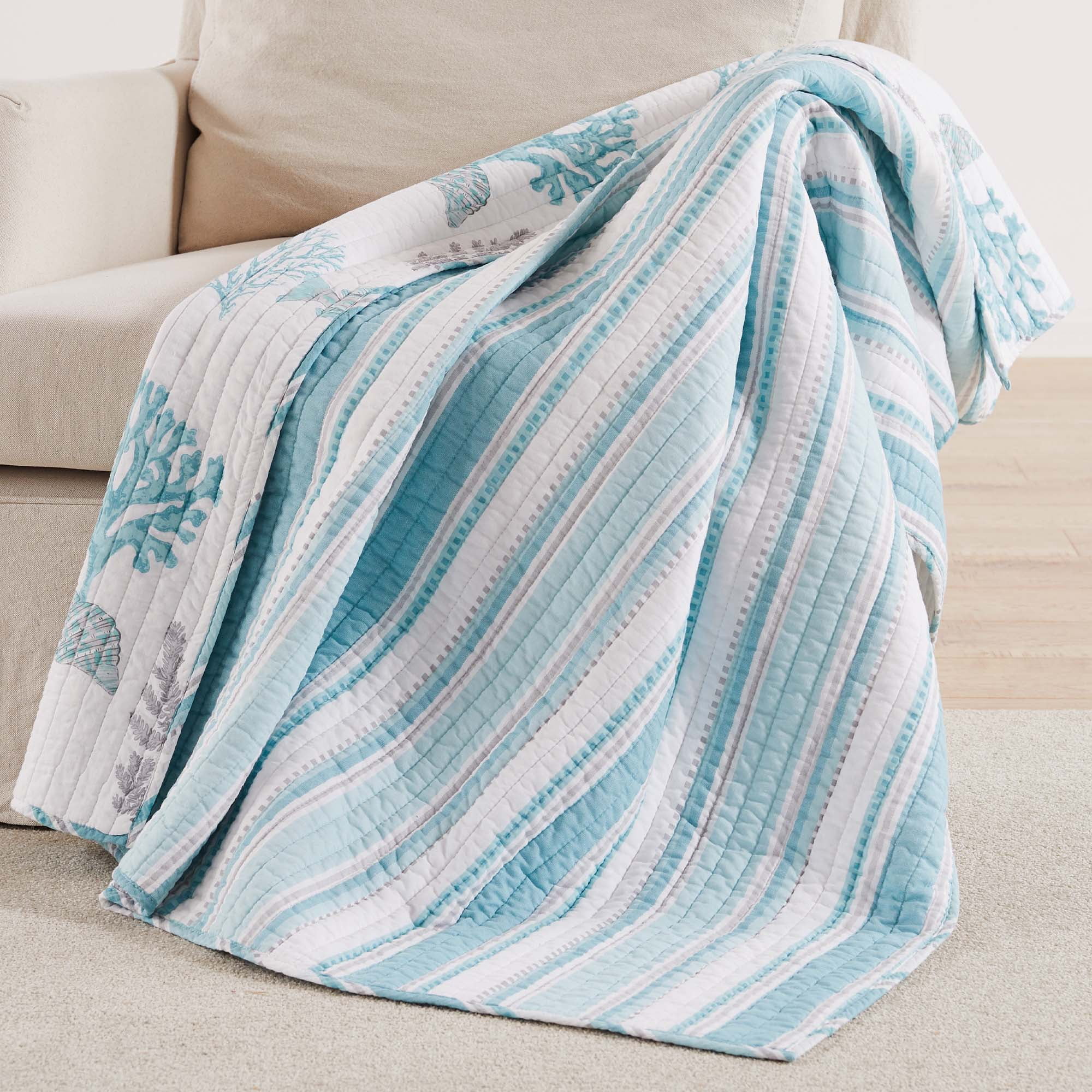 Ocean-Inspired Teal and White Cotton Quilted Throw, 50x60in