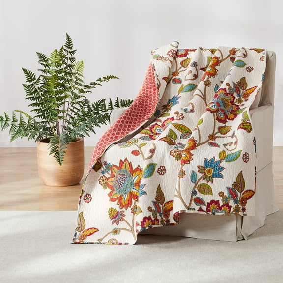 Levtex - Clementine - Quilted Throw - 50x60in. - Floral - Orange, Yellow, Teal, Green, Blue, Red and White - Reversible Pattern - Cotton Fabric