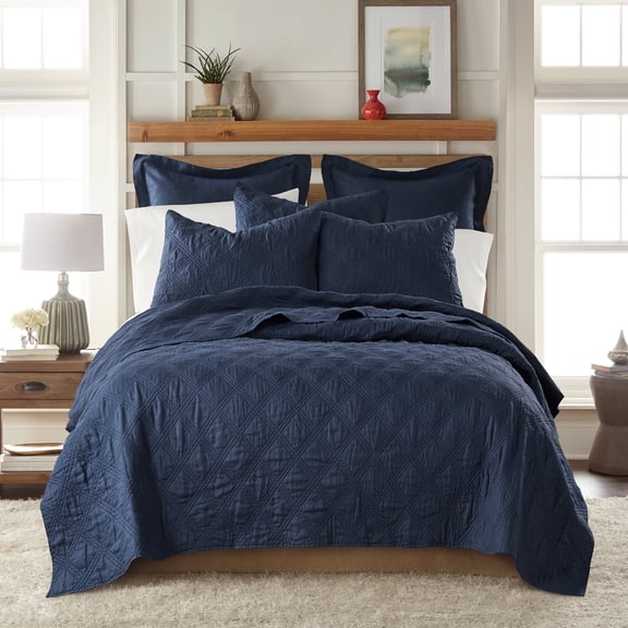 Levtex Home - 100% French Flax Linen Front/100% Cotton Back - Twin Quilt - French Flax Washed Linen - Navy - Quilt Size (68 x 86 in.)