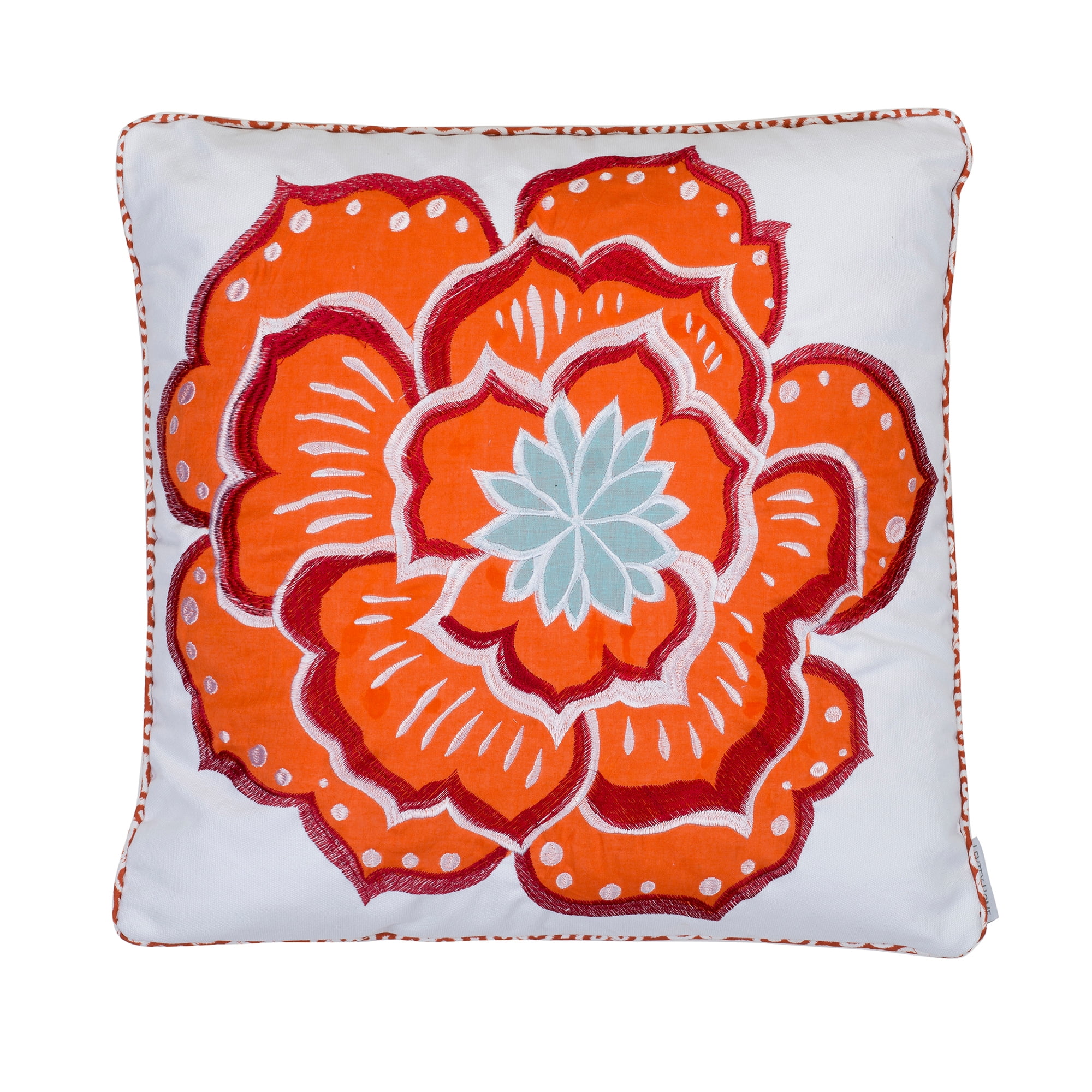 Abigail Orange and Teal Embroidered Floral 18" Pillow