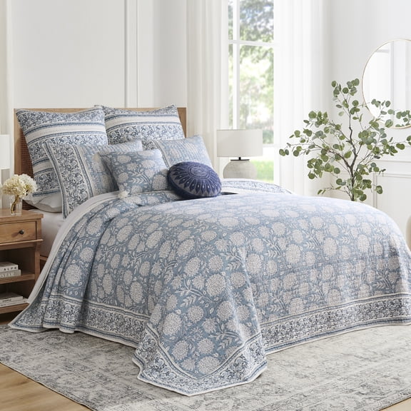 Levtex Home – Adare Blue Bedspread Set – Full Bedspread (96x106in.) and 2 Standard Shams (20x26in.) – Floral Botanical Design – Blue and White – Reversible – Cotton