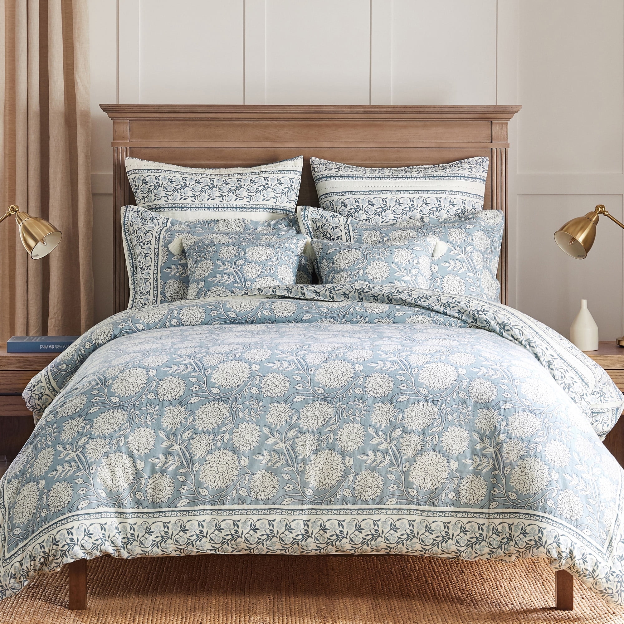 Levtex Home - Adare Blue Duvet Cover Set - Full/Queen Duvet Cover + Two Standard Pillow Cases - Bordered Floral - Blue, Navy and White - Duvet Cover (90 x 94in.) and Pillow Case (26 x 20in.) - Cotton