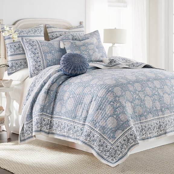 Levtex Home - Adare Blue Quilt Set - Full/Queen Quilt and Two Standard Shams - Bordered Floral - Blue, Navy and White - Quilt (88x92in.) and Shams (20x26in.) - Reversible - Cotton