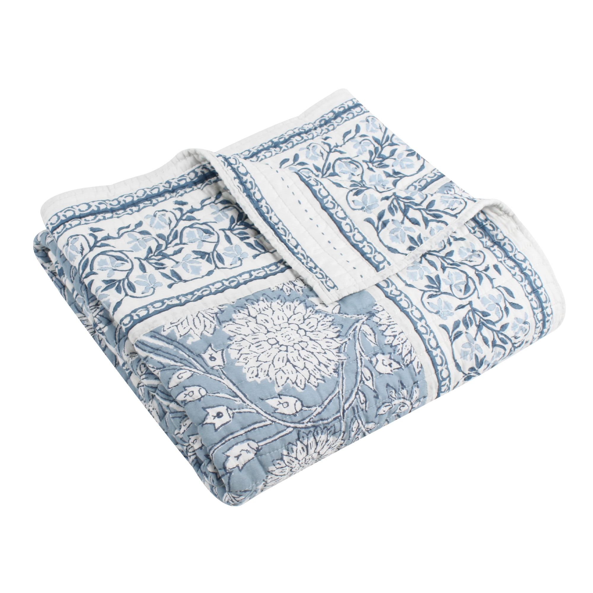 Adare Blue and White Cotton Reversible Quilted Throw