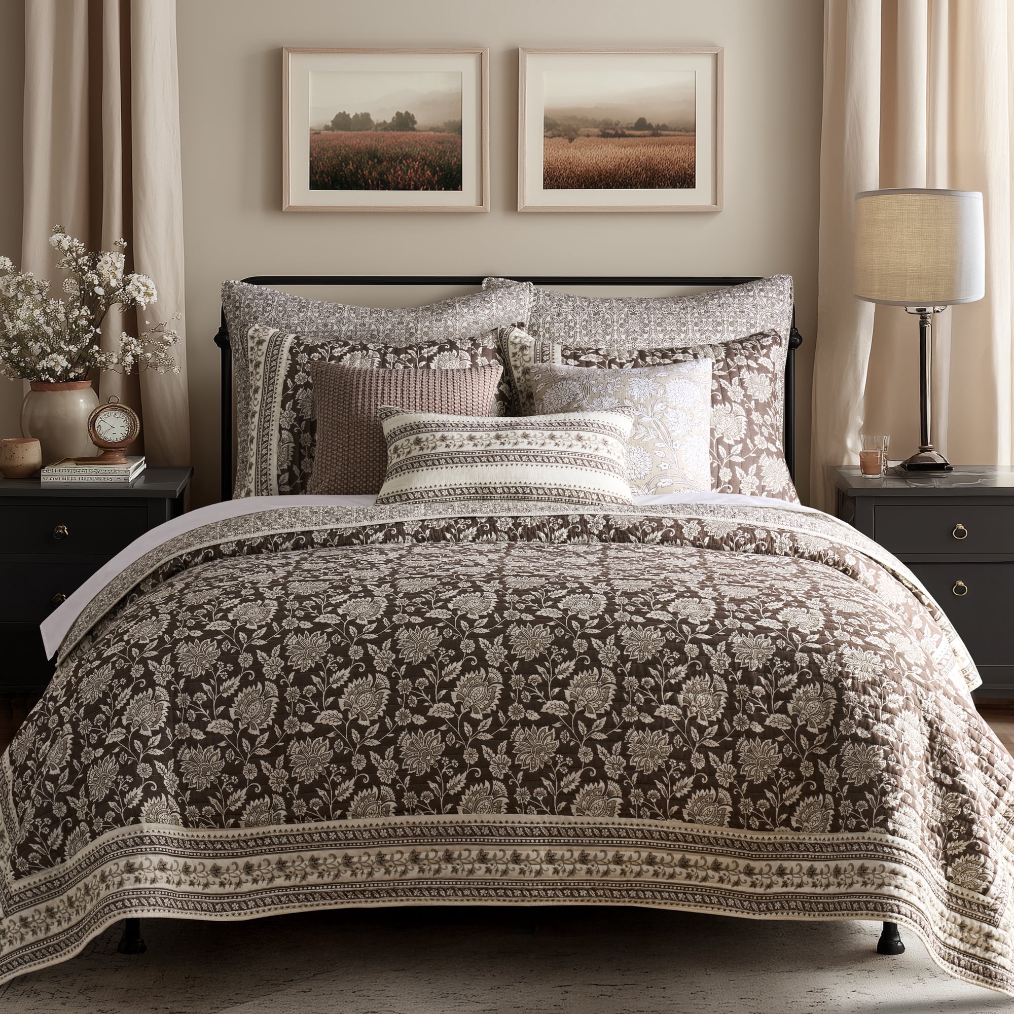 Levtex Home Adare Cocoa Reversible Twin / Twin XL Quilt Set (68x86in) with 1 Pillow Sham (26x20in) - Floral Bedding - Brown Taupe Cream - Cotton Twin Size Quilt Bedding Set