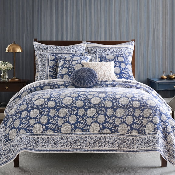 Levtex Home Adare Denim Reversible King / Cal King Quilt Set (106x92in) with 2 Pillow Shams (36x20in) - Floral Bedding - Blue White - Cotton King Size Quilt Bedding Set