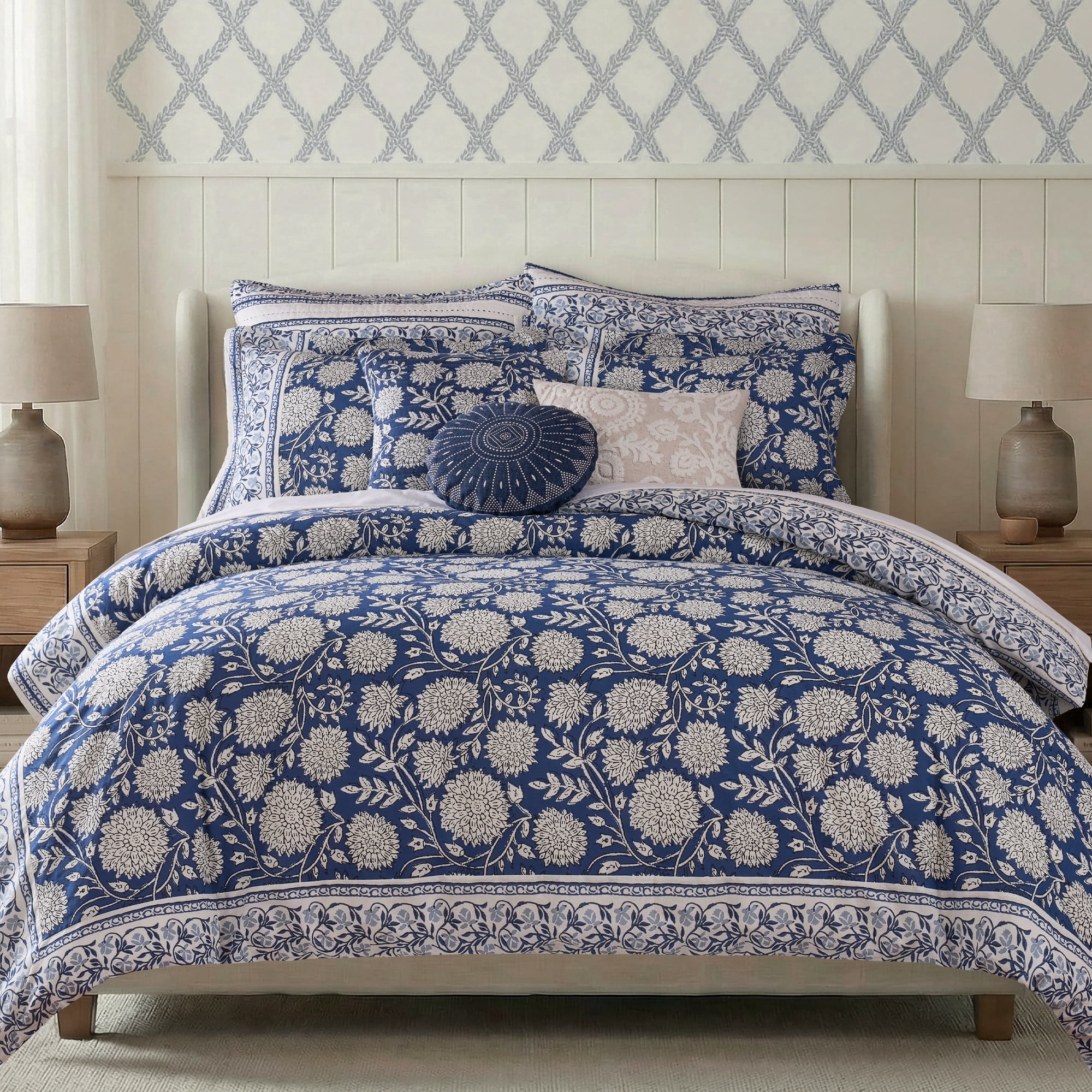 Levtex Home Adare Denim Reversible Queen Duvet Cover Set (90x94in) with 2 Pillow Shams (26x20in) - Floral Bedding - Blue and White - 100% Cotton Queen Size Duvet Cover Set - Soft, Pre-Washed