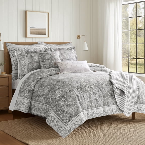 Levtex Home Adare Grey Reversible King Duvet Cover Set (106x94in) with 2 Pillowcases (36x20in) - Floral Bedding - Grey and White - Cotton King Size Duvet Cover Set - Soft, Pre-Washed