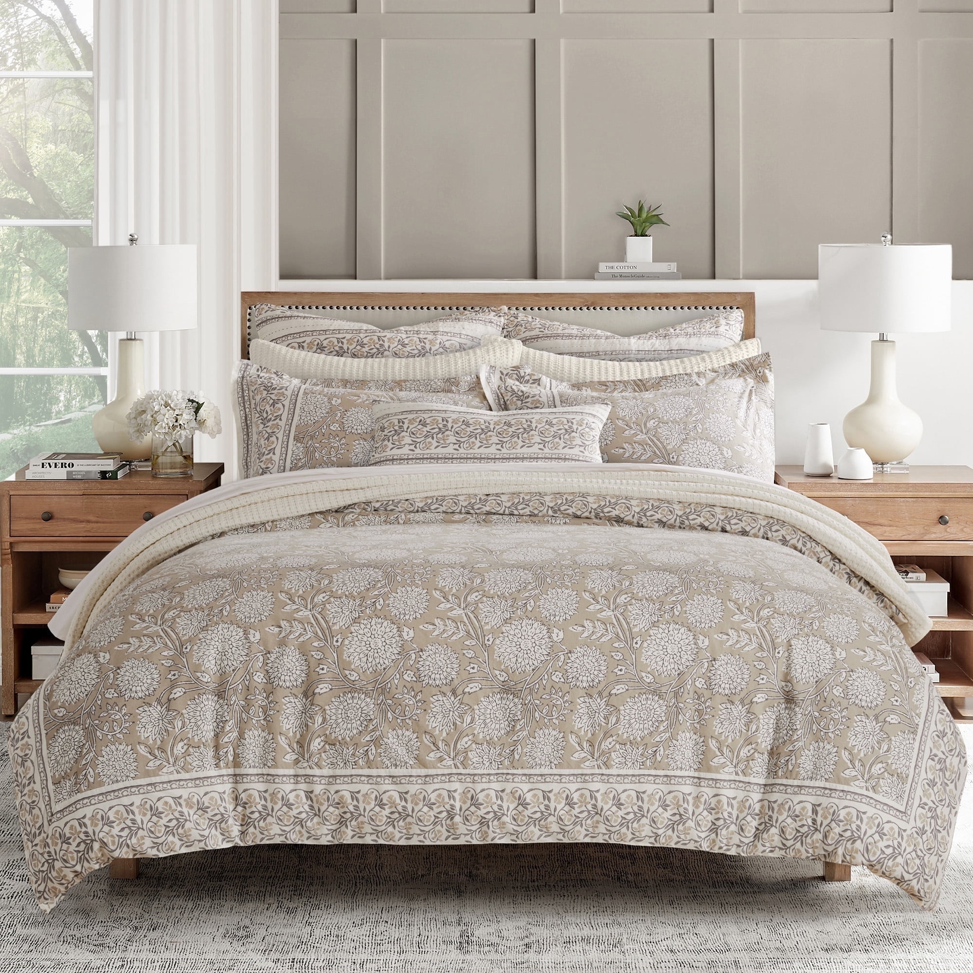Levtex Home - Adare Taupe Duvet Cover Set - King Duvet Cover + Two King Pillow Cases - Bordered Floral - Taupe Grey and Cream - Duvet Cover (106 x 94in.) and Pillow Case (36 x 20in. ) - Cotton