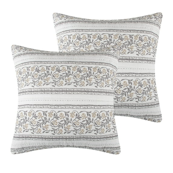 Levtex Home - Adare Taupe - Euro Sham - Striped Floral - Taupe, Grey and Cream - (26x26in.) - No Insert - Cotton