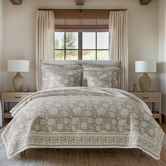 Levtex Home - Adare Taupe Quilt Set - Full/Queen Quilt and Two Standard Shams - Bordered Floral - Taupe, Grey and Cream - Quilt (88x92in.) and Shams (20x26in.) - Reversible - Cotton