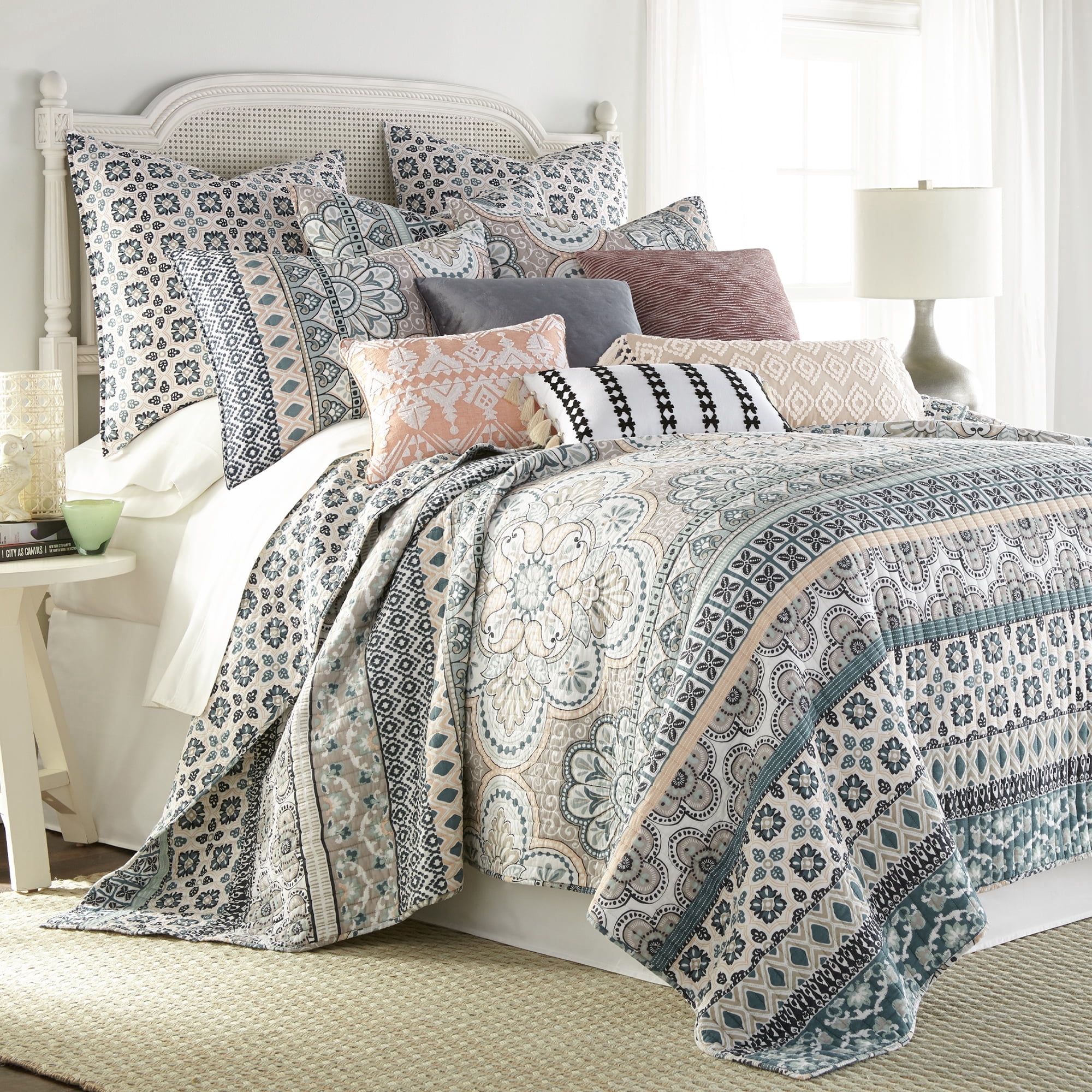 Levtex Home - Addie Quilt Set - Full/Queen Quilt (88x92in.) + Two Standard Pillow Shams (26x20in.) - Medallion Stripe - Pink, Blue, Black, and White - Reversible - Cotton Fabric