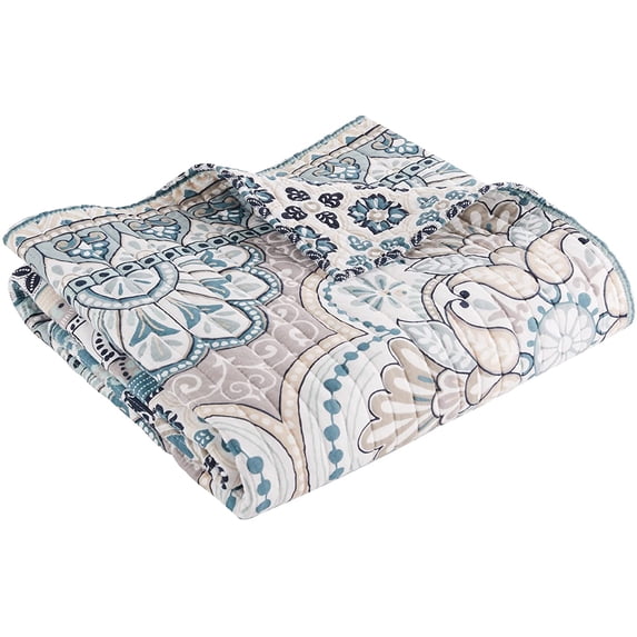 Levtex Home - Addie - Quilted Throw - 50x60in. - Paisley - Blue, Navy, Beige, White, and Grey - Reversible Pattern - Cotton Fabric