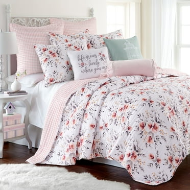 Levtex Home - Adeline Quilt Set - Full/Queen Quilt + Two Standard Pillow Shams - Floral - Blush Pink Grey - Quilt Size (88x92in.) and Pillow Sham Size (26x20in.) - Reversible - Microfiber