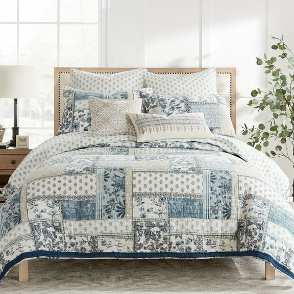 Levtex Home - Aliza Quilt Set - King Quilt and Two King Shams - Printed Patchwork - Blue, Navy, Taupe and Cream - Quilt (106x92in.) and Shams (20x36in.) - Reversible - Cotton