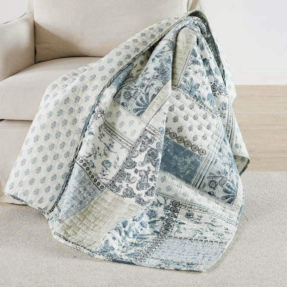 Levtex Home - Aliza - Throw - Printed Patchwork - Blue, Navy, Taupe and Cream - Quilt (50x60in.) and Sham 50x60in. - Cotton