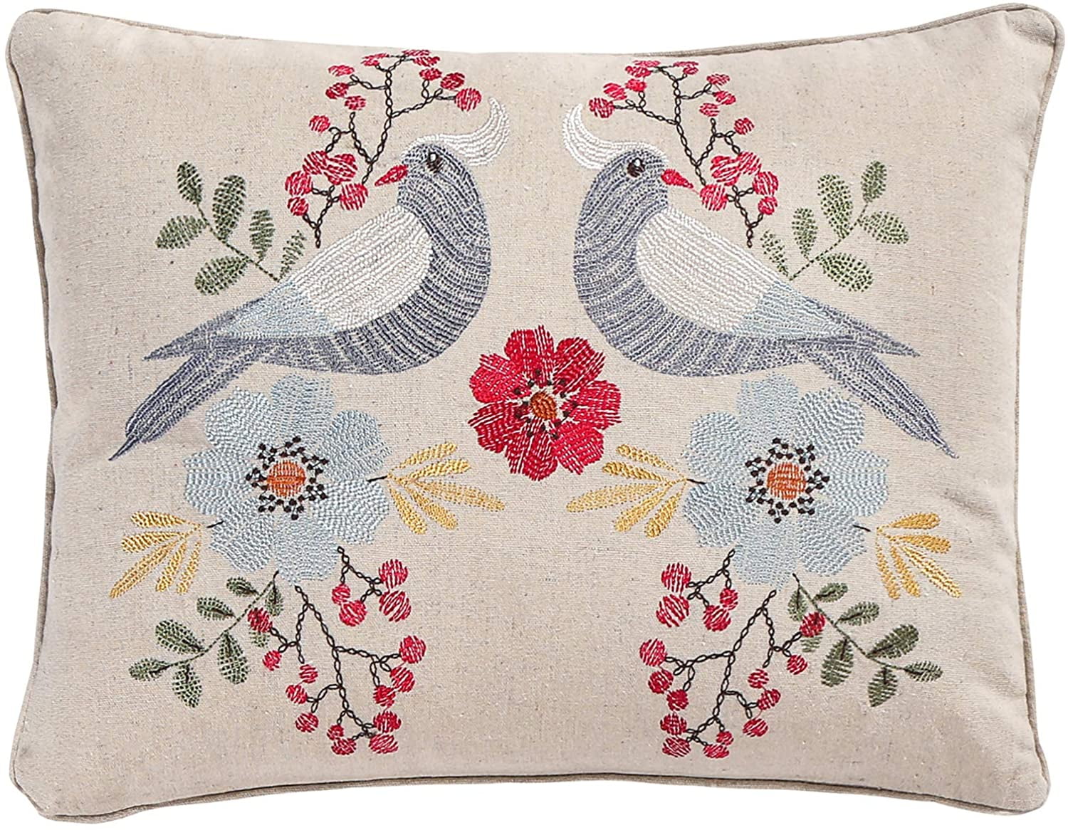 Angelica Linen Embroidered Bird and Floral Throw Pillow