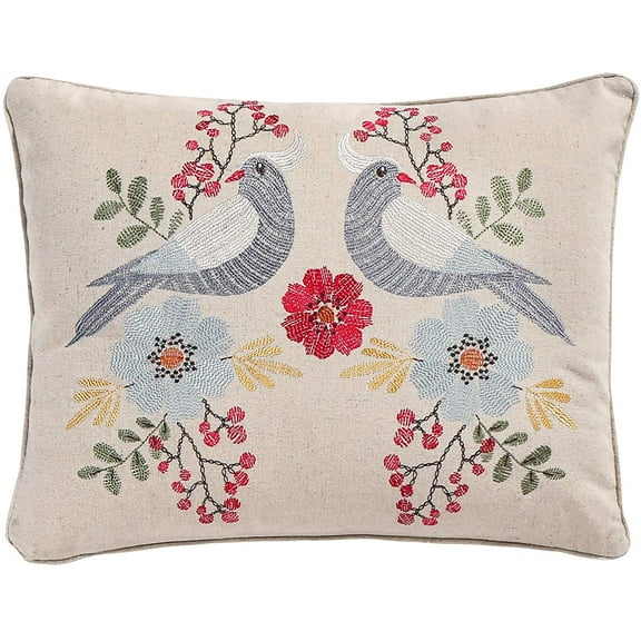 Levtex Home - Angelica - Decorative Pillow (14X18in.) - Embroidered Birds - Brown, Gold and Cream