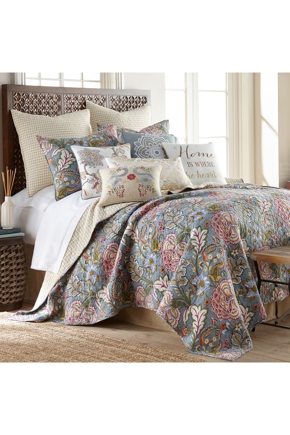 - Angelica Quilt Set - Twin Quilt + Two Standard Pillow Shams - Floral - Aqua Taupe Green Blue Orange Pink Grey - Quilt (68x86in.) and Pillow Sham (26x20in.) - Reversible - Cotton