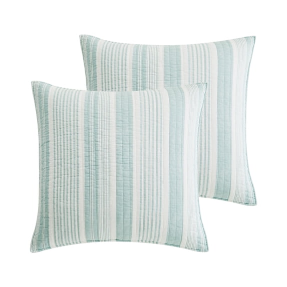 Levtex Home - Aqua Breeze - Quilted Euro Shams Set of Two (26 x 26 in.) - Coastal - Aqua and White - Cotton Fabric