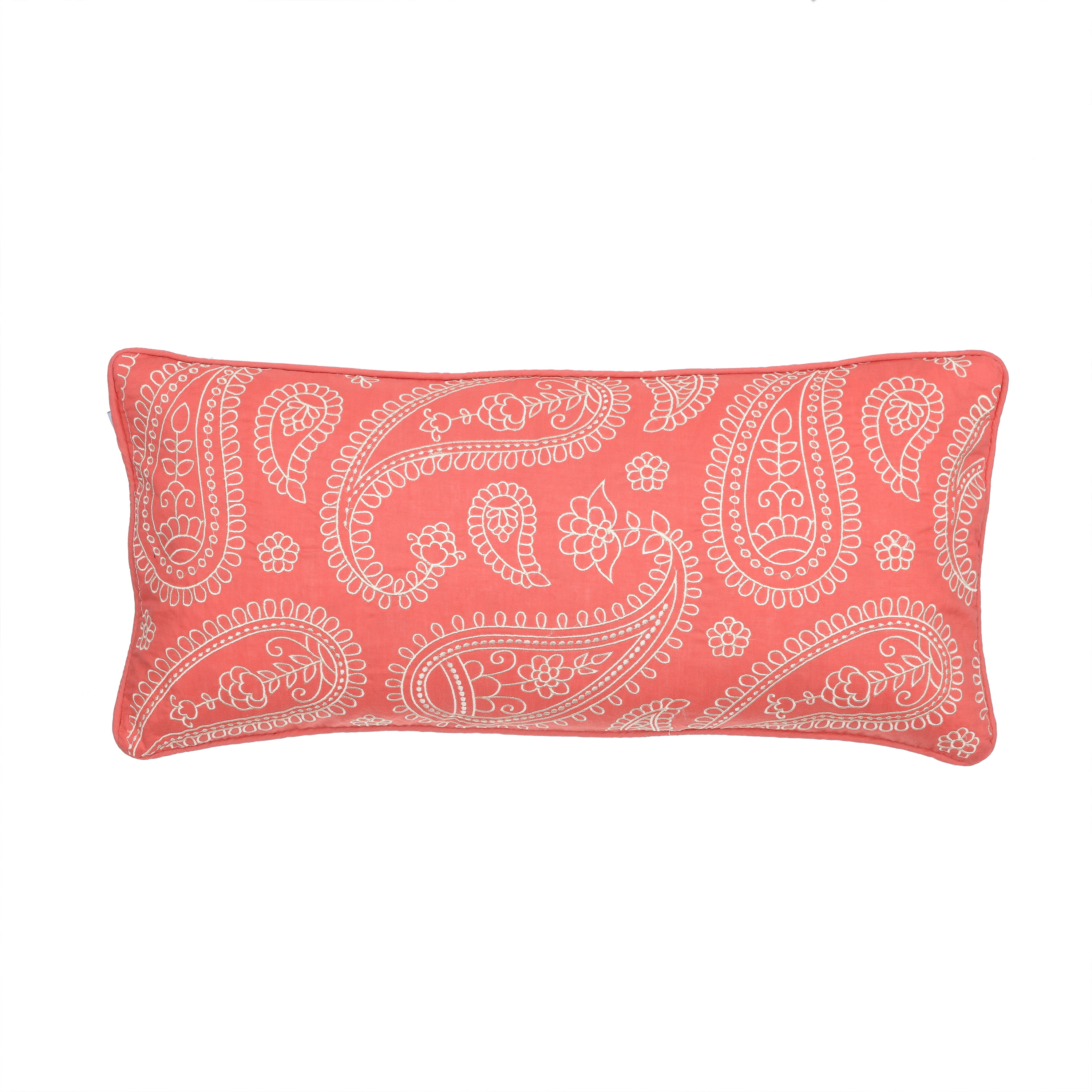 Coral Embroidered Cotton Paisley Rectangular Pillow 12x24