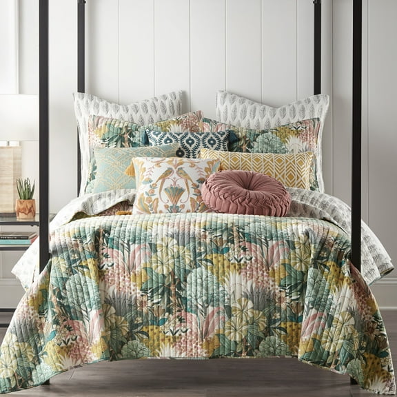 Levtex Home - Ashika Quilt Set - Full/Queen Quilt and Two Standard Shams - Tropical - Green, Blush, Ochre, Grey and Cream - Quilt (88x92in.) and Shams (20x26in.) - Reversible - Cotton