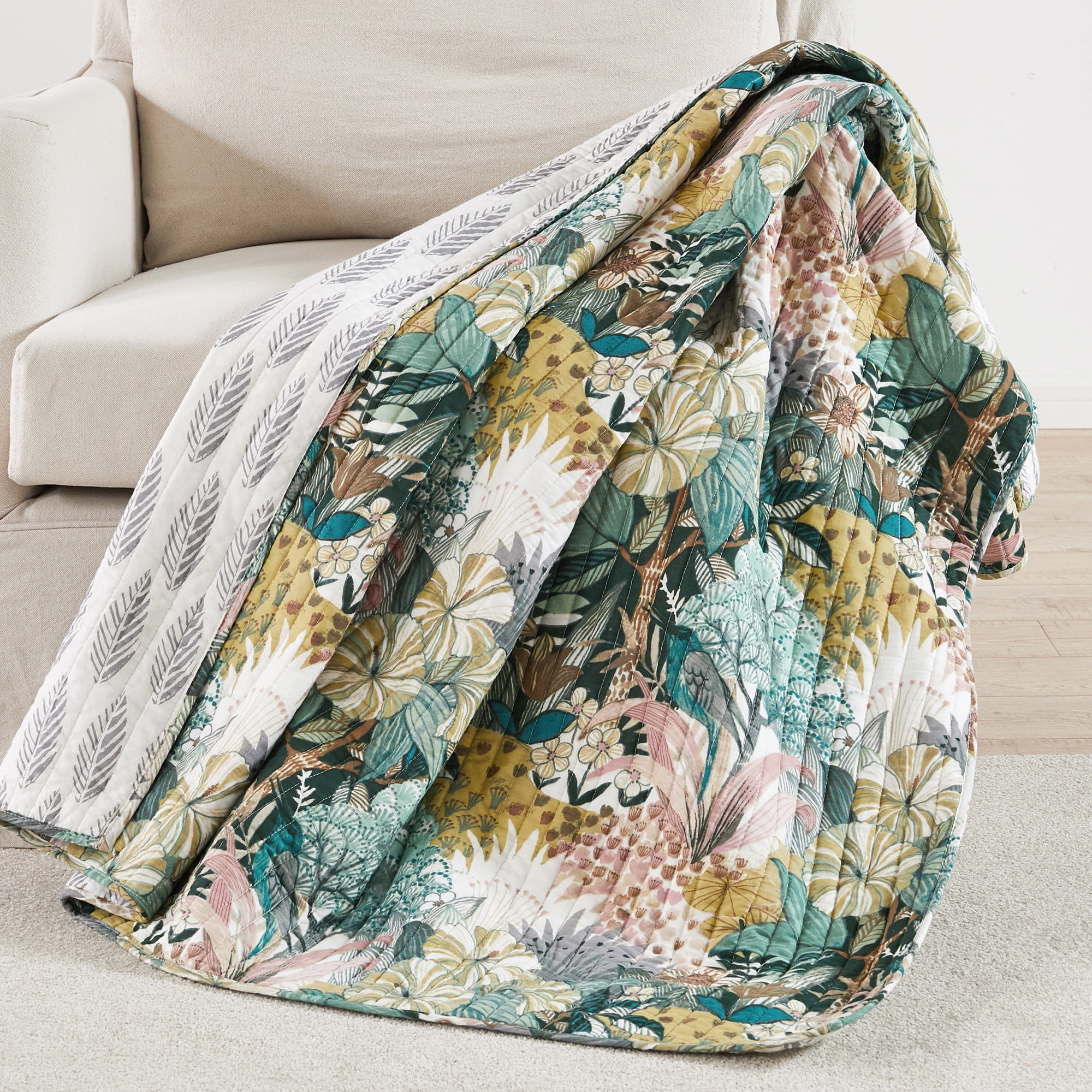 Tropical Green and Blush Cotton Reversible Throw Blanket 50x60