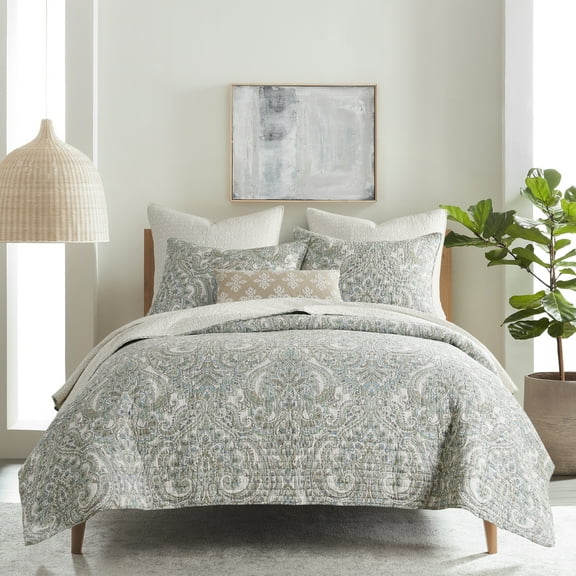 Levtex Home - Assisi Quilt Set - Full/Queen Quilt and Two Standard Shams - Regal Floral- Cream, Mint, Blue and Taupe - Quilt (88x92in.) and Shams (20x26in.) - Reversible - Cotton/Cotton