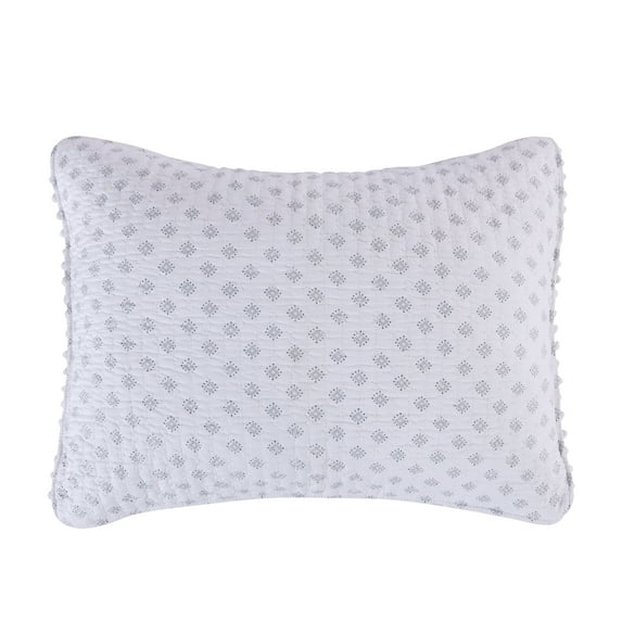 Levtex Home - Astoria - Quilted Standard Sham (26 x20in.) - Ditsy Medallion with Pom Pom - Grey - Cotton Fabric