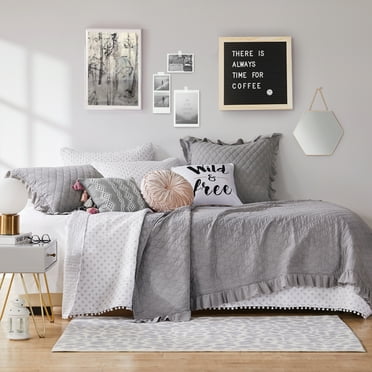 Levtex Home - Astoria Twin Quilt - Ditsy Medallion with Pom Pom - Grey - Quilt Size (68x86in.) - Reversible - Cotton Fabric