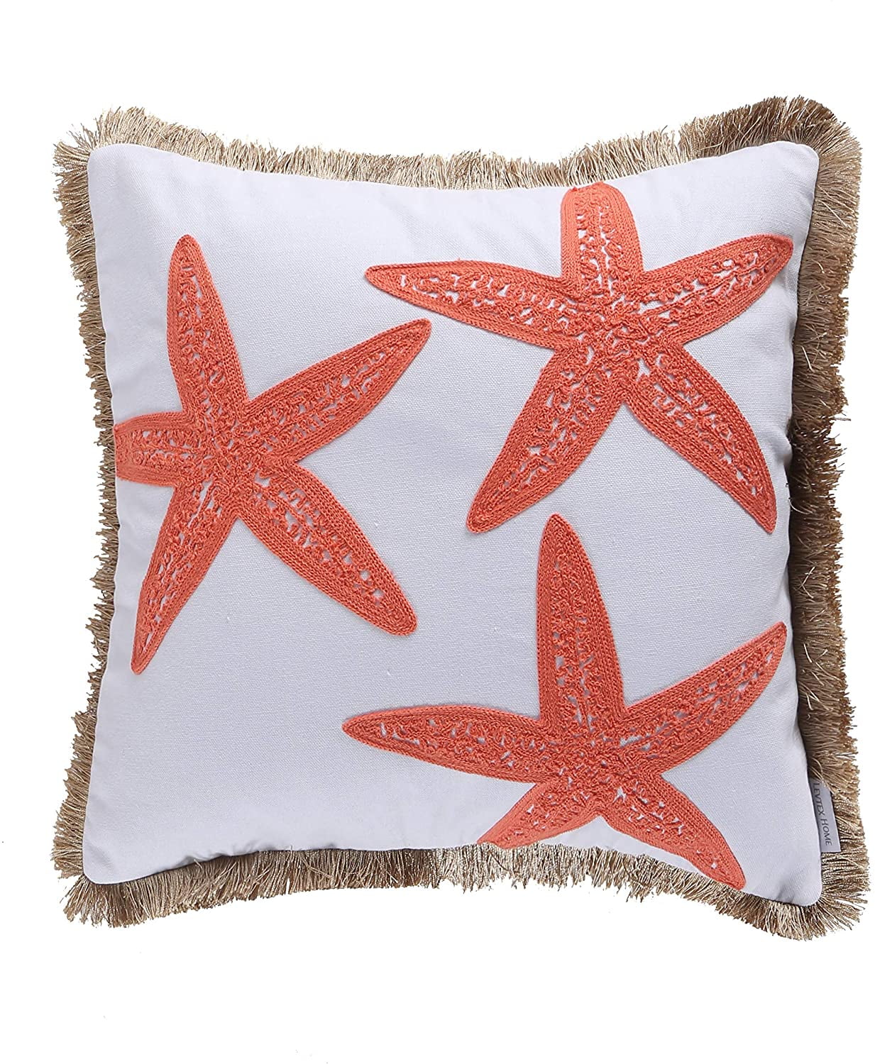 Bakio Coral and White Embroidered Starfish Pillow with Fringe Trim