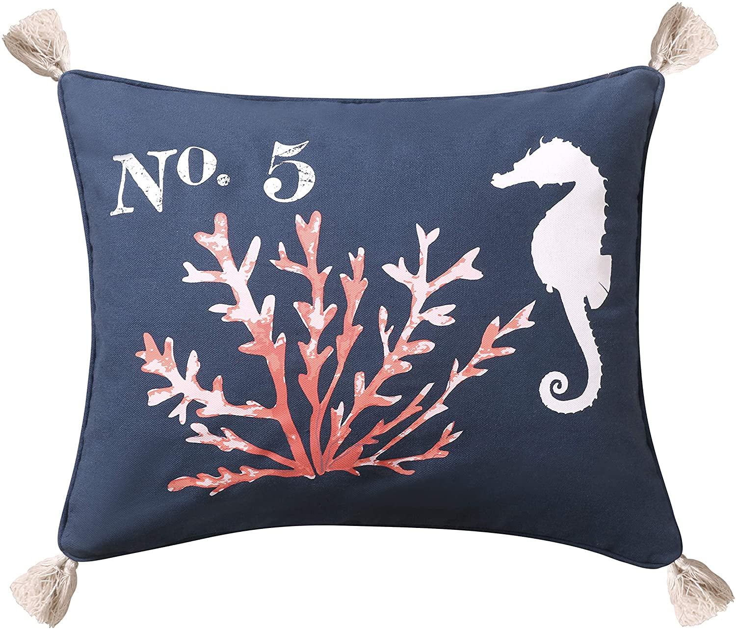 Navy Coral Embroidered Seahorse and Coral Square Pillow