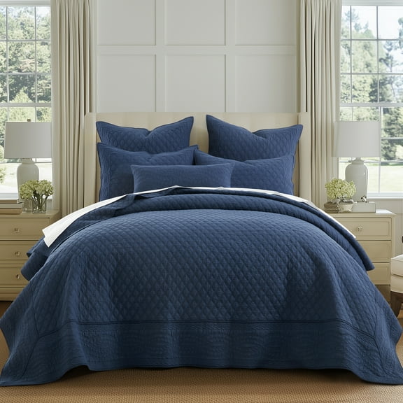 Levtex Home - Ballou - Full Bedspread and Two Standard Shams - Bordered - Navy - Bedspread (100X104in.) and Shams (20x26in.) - Cotton