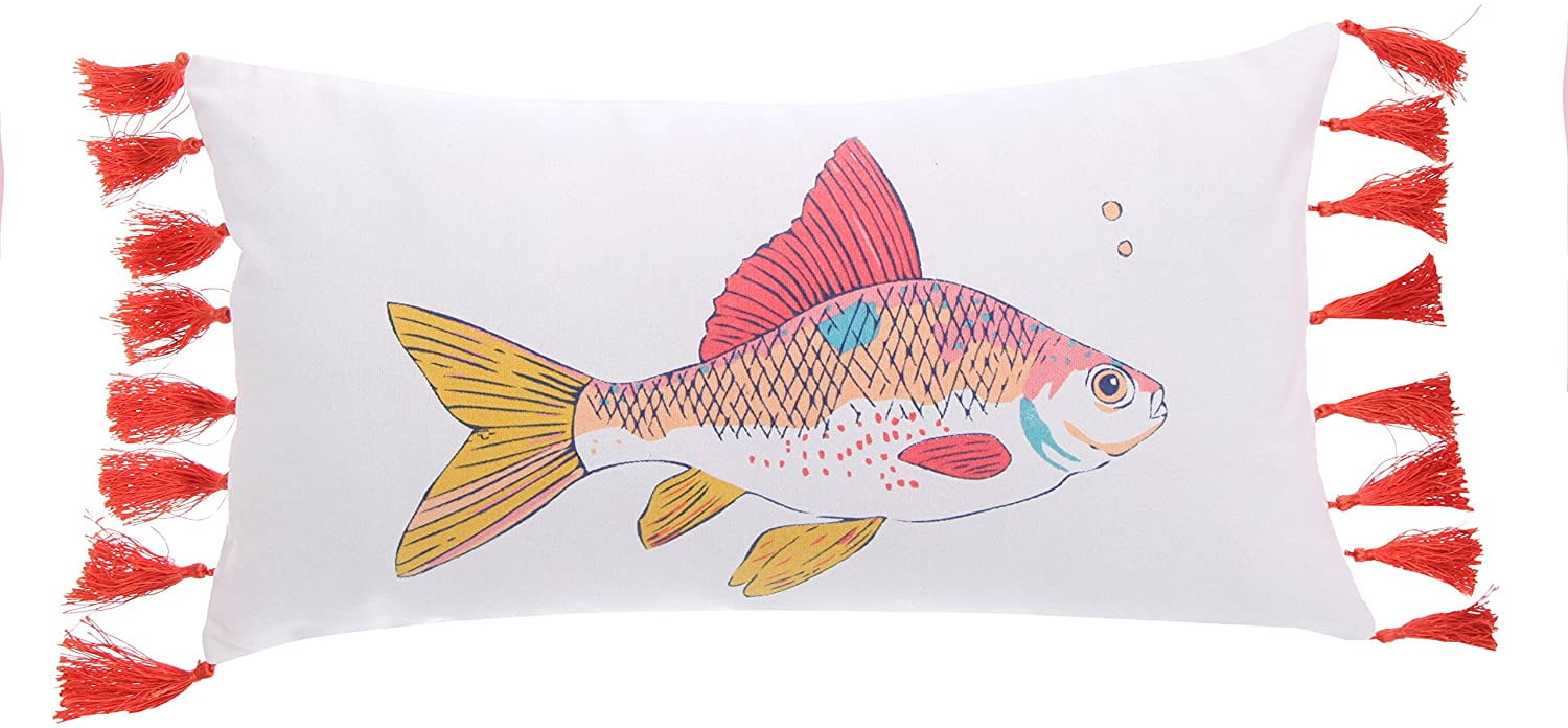 Barrier Reef White Fish Print Pillow with Red Tassels