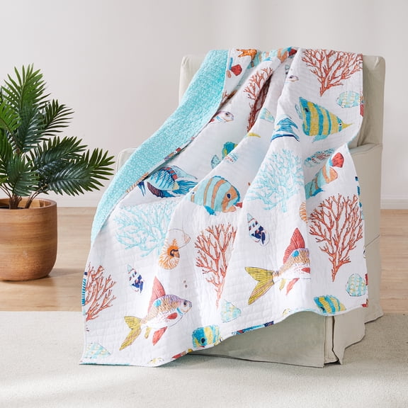 Levtex Home - Barrier Reef - Quilted Throw - 50x60"- Tropical Fish - Yellow Blue Coral - Reversible Pattern - Cotton