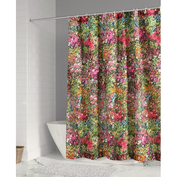 Levtex Home - Basel - Shower Curtain (72x72in.) with Button Holes - Boho Floral in Orange Teal Red Blue - Orange, Teal, Red and Blue