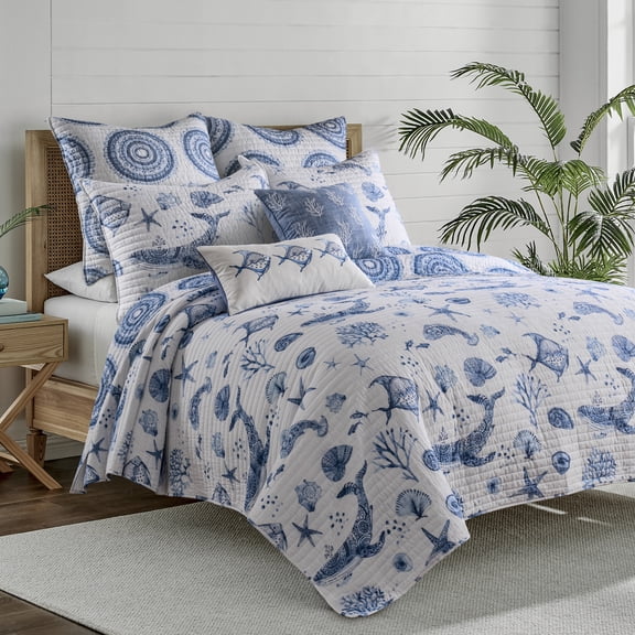 Levtex Home - Batik Ocean Quilt Set - Twin/Twin XL Quilt (68x86in) and 1 Standard Sham (20x26in) - Coastal Sealife - Indigo, White - Reversible - Cotton