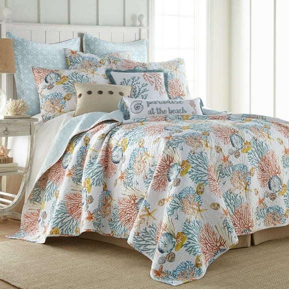 Levtex Home - Bay Islands Quilt Set - Twin Quilt + One Standard Pillow Sham - Coral, Teal, Gold, Taupe - Quilt (68x86in.) and Pillow Shams (26x20in.) - Reversible - Cotton Fabric
