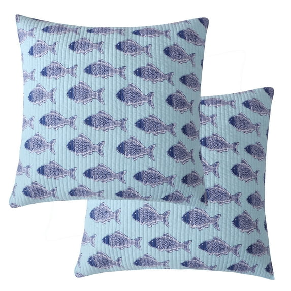 Levtex Home - Bayport - Quilted Euro Shams Set of Two (26 x 26 in.) - Coastal Fish - Cotton Fabric
