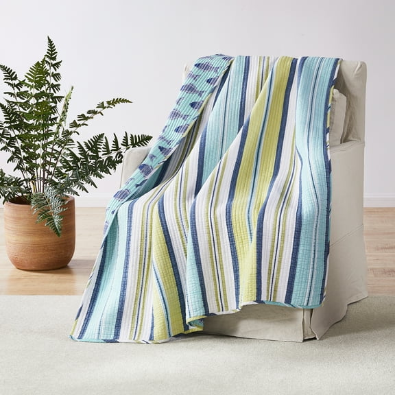 Levtex Home - Bayport - Quilted Throw - 50x60in. - Coastal Stripe - Green, Blue, White - Reversible Pattern - Cotton Fabric