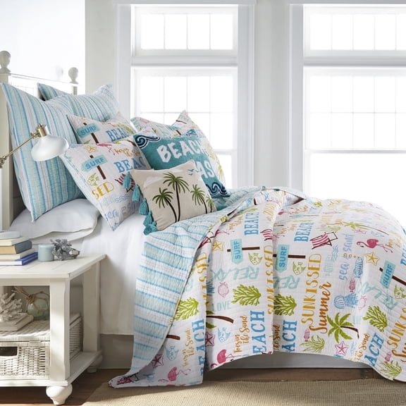 HomThreads by Levtex Home - Beach Days Quilt Set - Twin/Twin XL Quilt (68x86in) + 1 Standard Pillow Sham (26x20in) - Coastal Beach - Teal Blue Yellow Green Brown Pink - Reversible - Cotton/Polyester