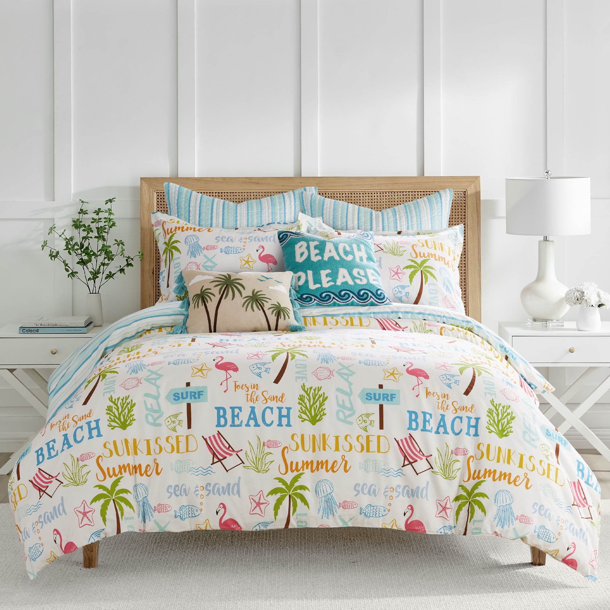 Levtex Home - Beach Days Duvet Cover Set - Twin Duvet Cover (68 x 88in.) + One Standard Pillow Case (26 x 20in.)- Coastal Beach - Teal Blue Yellow Green Brown Pink - Cotton