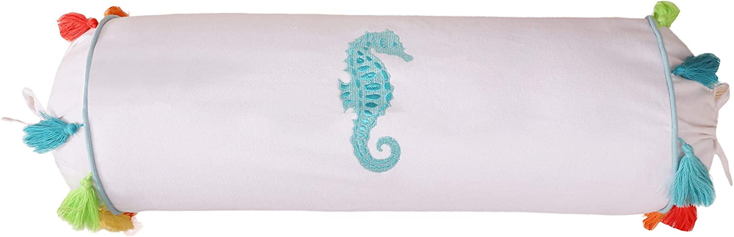 Teal and Cream Embroidered Seahorse Cylinder Throw Pillow