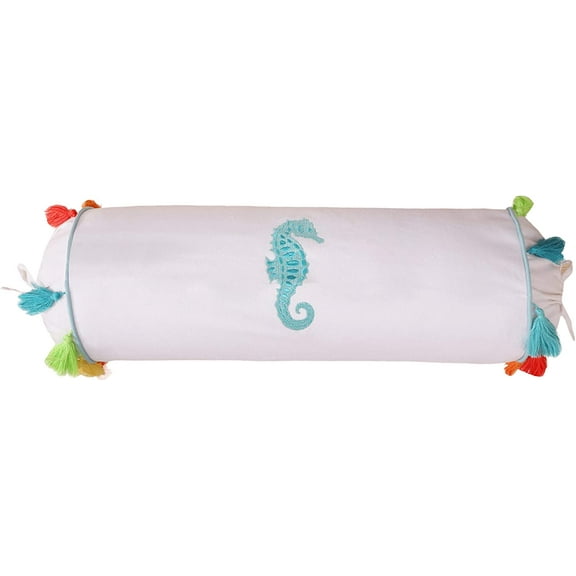 Levtex Home - Beachwalk - Decorative Pillow/Neckroll (7 x18n.) - Beach Time - Teal and Cream with Multicolor Tassels - Feather Filled