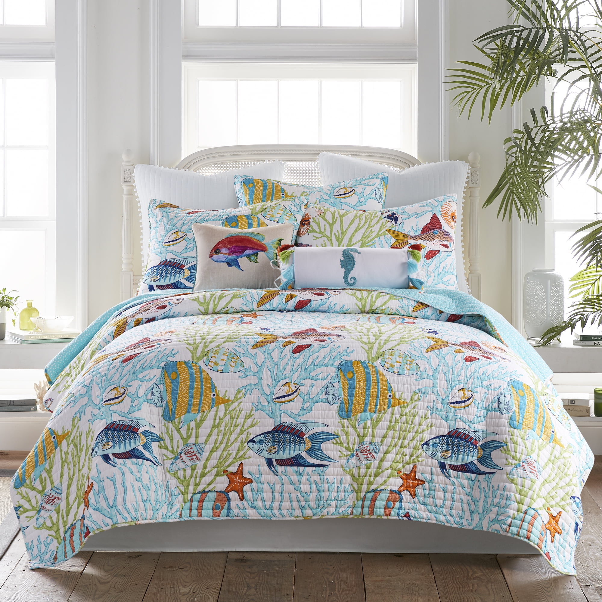Levtex Home - Beachwalk Quilt Set - Queen Quilt + Two Standard Pillow Shams - Fish and Coral - Teal Yellow Orange Red Green - Quilt (88x92in.) and Pillow Shams (26x20in.) - Reversible - Cotton Fabric