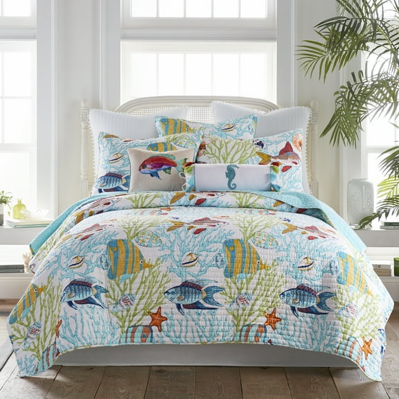 Levtex Home - Beachwalk Quilt Set - Queen Quilt   Two Standard Pillow Shams - Fish and Coral - Teal Yellow Orange Red Green - Quilt (88x92in.) and Pillow Shams (26x20in.) - Reversible - Cotton Fabric