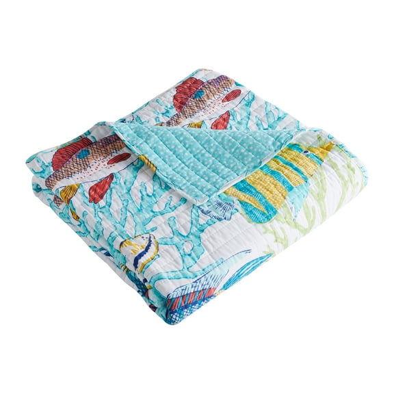 Levtex Home - Beachwalk - Throw - Fish and Coral - Teal Yellow Orange Red Green - Quilt (50x60in.) and Sham 50x60in. - Cotton/Cotton